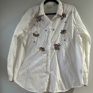 Robbie Brooks Womens XL White‎ Button Up Shirt Christmas Holly Candle Embroidery